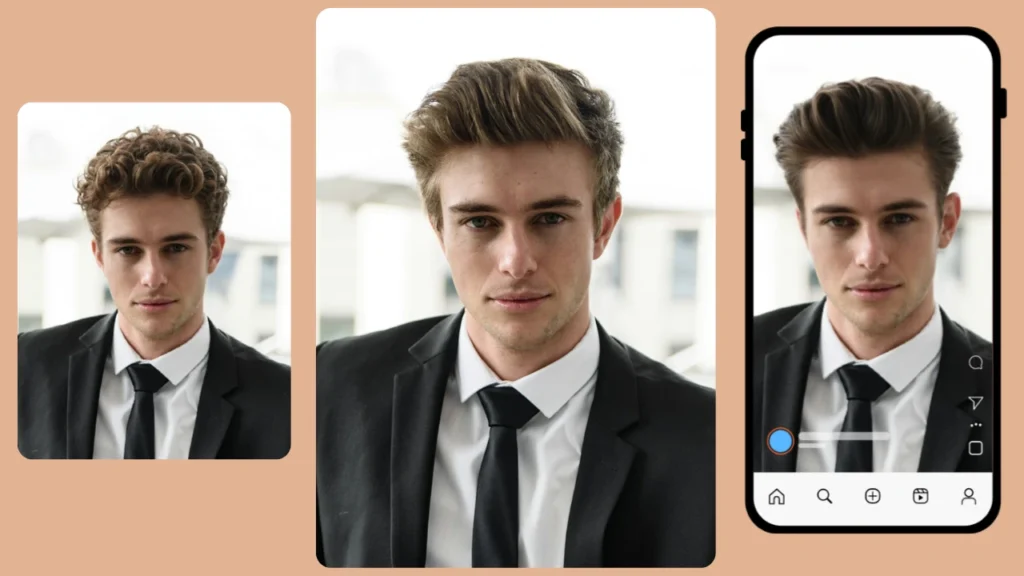 Ein Mann im Anzug wird in mehreren Versionen, einschließlich Social-Media-Voreinstellungen, mit unterschiedlichen Frisuren angezeigt. Dies zeigt, wie PiktID die Vorschau von Looks für Instagram und andere Plattformen vereinfacht.