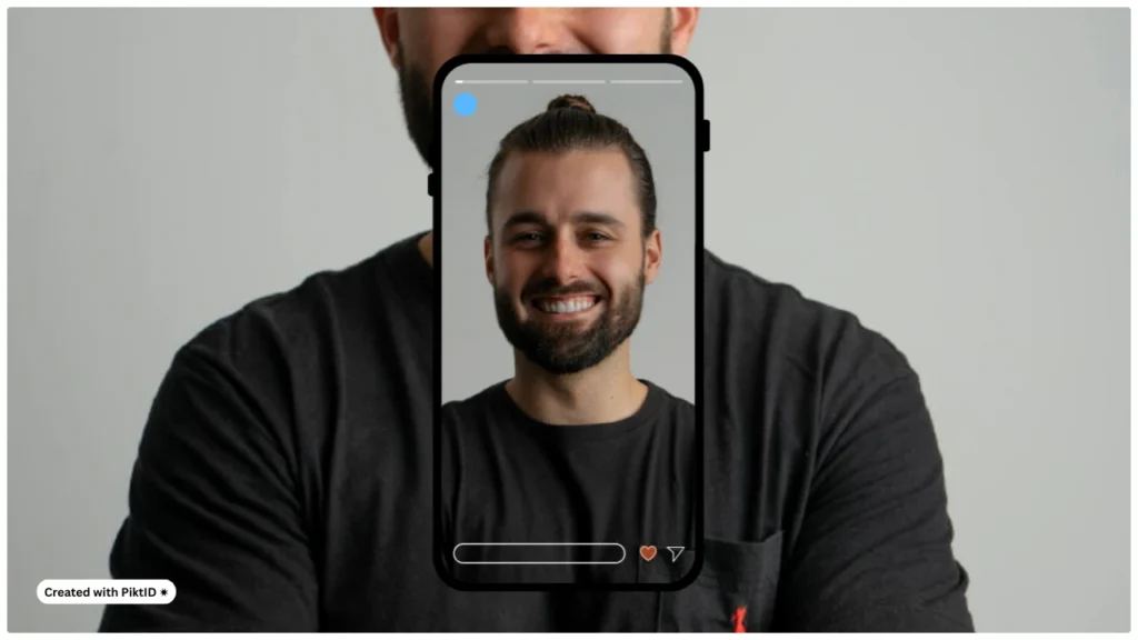 Ein Mann mit Bart erhält mithilfe der virtuellen Anprobe-App PiktID einen Man Bun. Die Frisurenänderung wird zur einfachen Visualisierung in einer mobilen Benutzeroberfläche angezeigt.