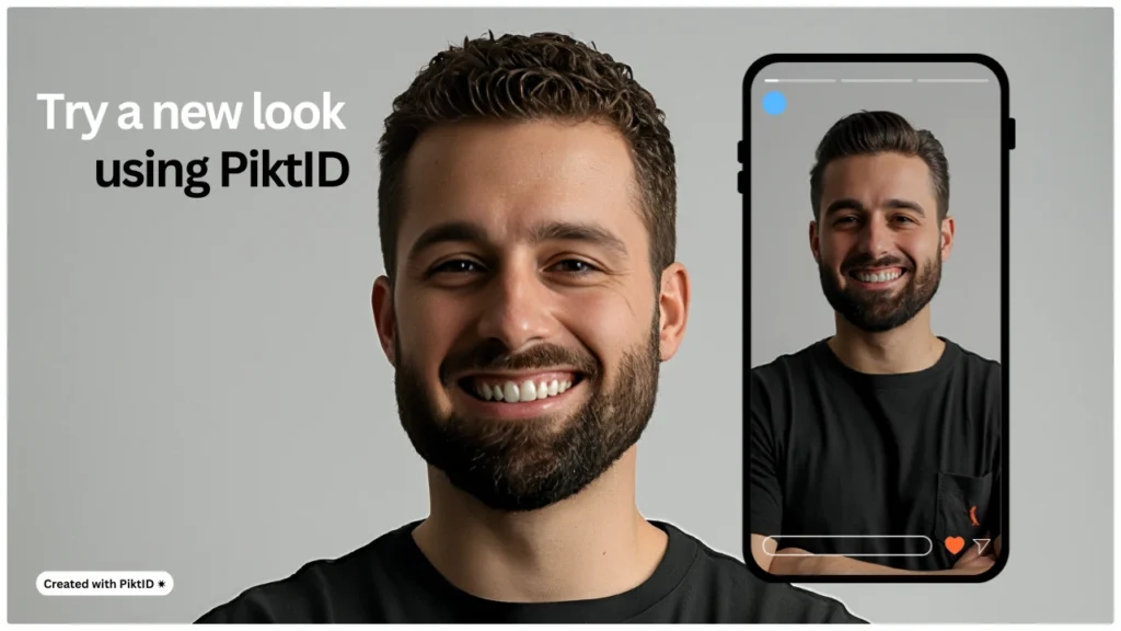 Ein lächelnder Mann probiert mit der virtuellen Haaranprobe-App von PiktID eine neue Frisur aus. Das Bild zeigt, wie Benutzer verschiedene Frisuren sofort auf ihrem Smartphone in der Vorschau ansehen können.