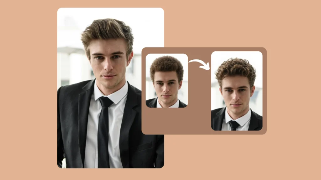 Ein junger Mann im schwarzen Anzug wird virtuell mit verschiedenen Frisuren gestylt. Die Vorher-Nachher-Verwandlung zeigt, wie die digitale Haarveränderungstechnologie sein Aussehen verändert.