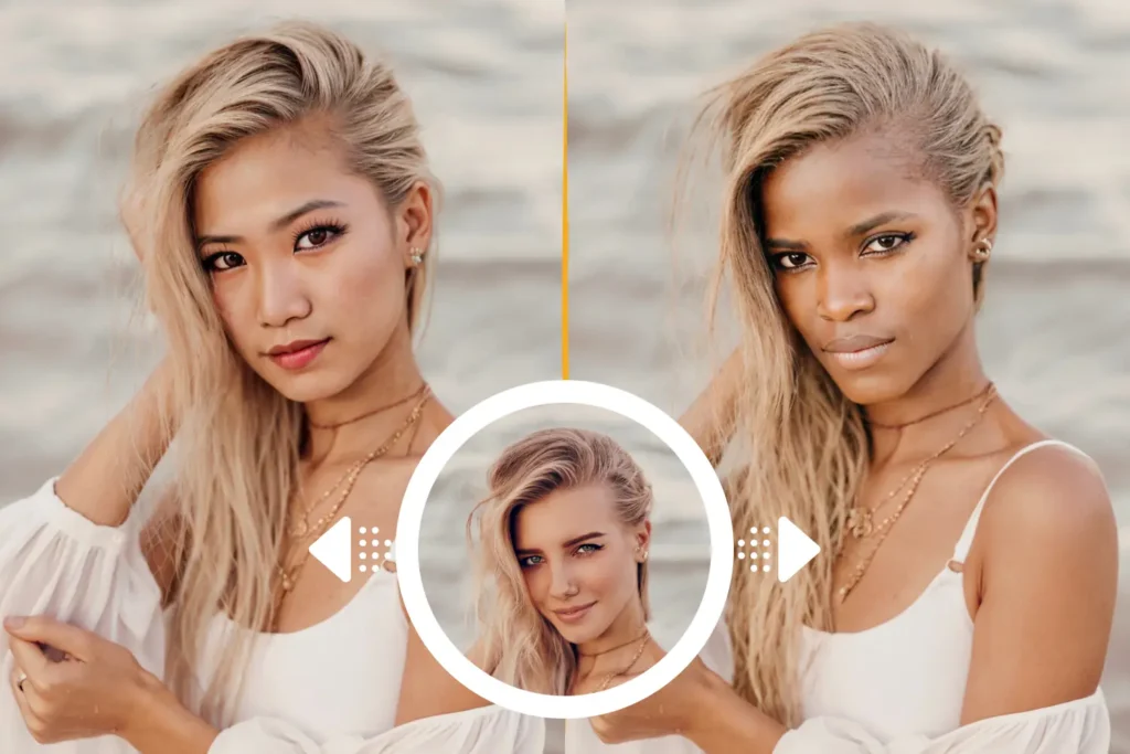 Deux images de femmes blondes, l'une en chemise blanche, l'autre en robe blanche. La femme en chemise blanche a les lèvres rouges et porte un collier. La femme en robe blanche porte également un collier et les lèvres rouges. Exemple du logiciel d'anonymisation PiktID.