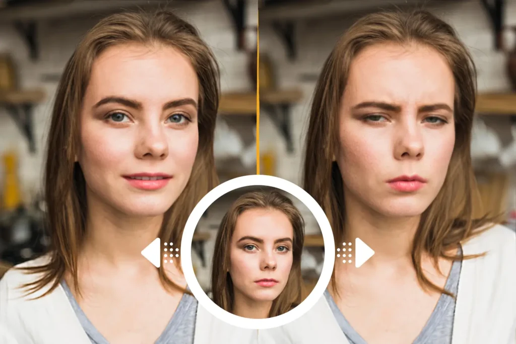 Le visage d'une femme apparaît sur deux images différentes : l'une avec un froncement de sourcils, l'autre avec un sourire. Les images sont côte à côte, le visage de la femme étant au centre de chaque image. La femme porte un t-shirt blanc et a les cheveux longs. L'arrière-plan des images est flou, mettant en valeur les expressions faciales de la femme. Exemple de logiciel PiktID pour modifier les expressions.