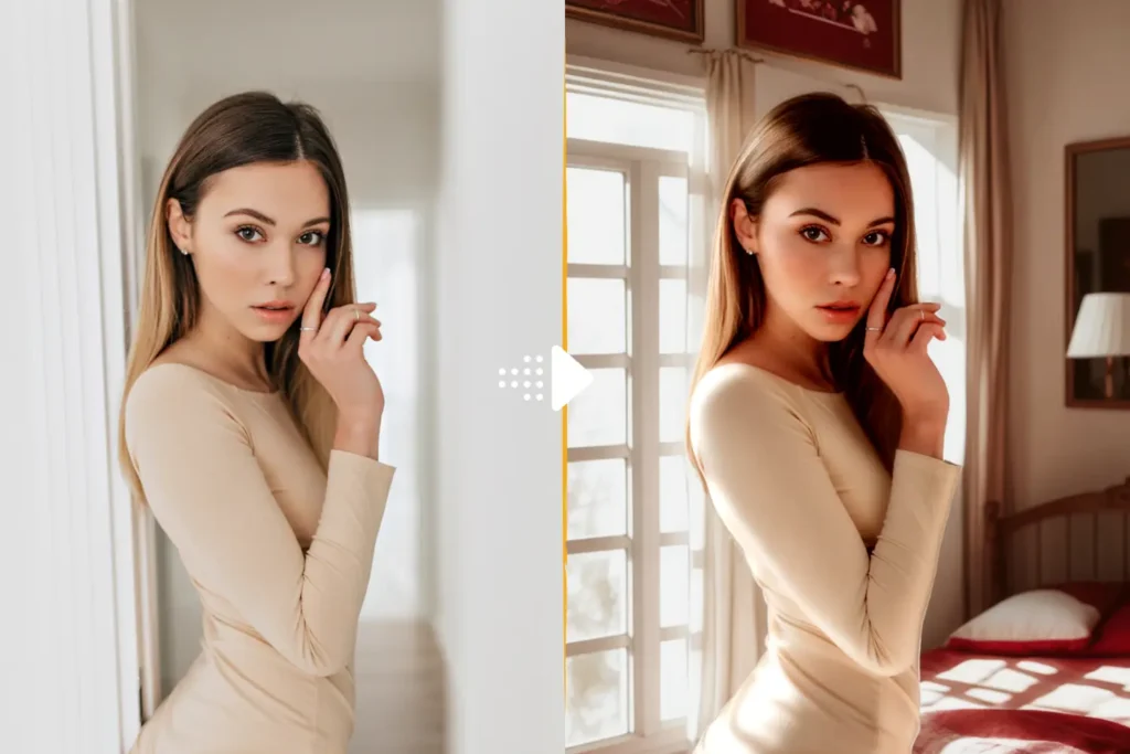 Une femme en chemise blanche pose pour une photo. Debout devant une fenêtre, elle se touche le visage. L'image est divisée en deux, montrant la femme dans deux poses différentes. Exemple d'image créée avec le logiciel PiktID pour modifier l'arrière-plan.