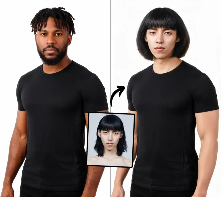 Deux hommes portent des chemises noires, et l'un d'eux porte la photo d'une femme. Exemple d'échange de corps.