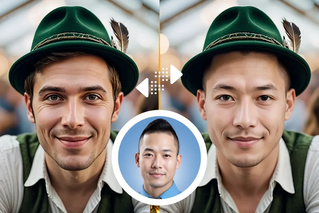 Deux hommes portant des chapeaux verts et souriant à l'objectif. Exemple d'image créée avec le logiciel PiktID pour échanger des visages.