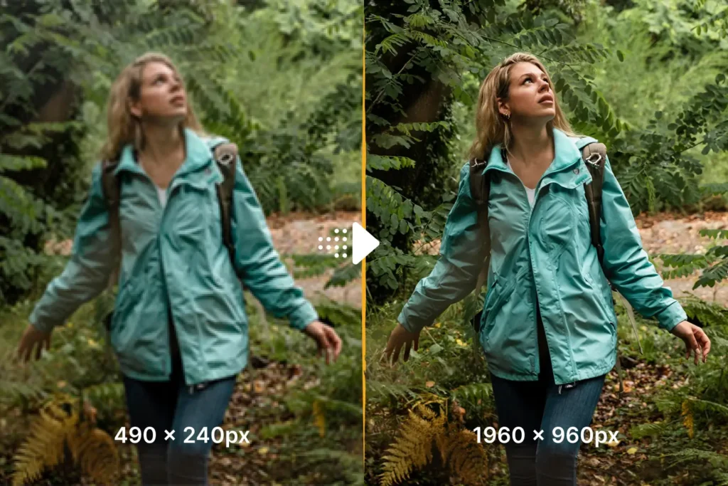 Deux photos d'une femme marchant dans les bois, l'une les bras tendus, l'autre derrière le dos. Les photos sont côte à côte, et la femme porte une veste bleue et un sac à dos sur les deux images. Exemple d'image retouchée avec le logiciel PiktID.