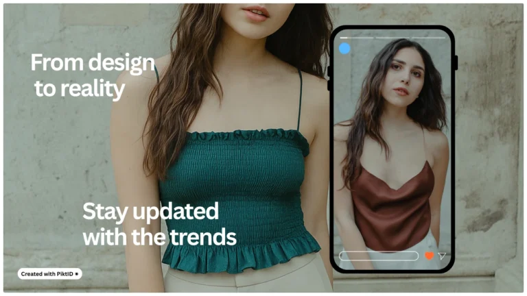 KI-Kleidungsmodell zeigt in einer Vorschau einer mobilen App einen Outfitwechsel in Echtzeit: von einem grünen Oberteil zu einem seidigen kastanienbraunen Unterhemd. Virtuelle Anprobetechnologie für Kleidung hebt die neuesten digitalen Modetrends hervor.