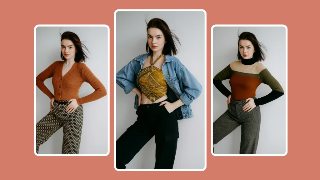 Eine Frau mit kurzen dunklen Haaren präsentiert drei verschiedene herbstlich inspirierte Outfits, darunter eine rostfarbene Strickjacke, eine Jeansjacke mit gemustertem Oberteil und einen Rollkragenpullover mit Farbblockierung. Die Collage betont einen minimalistischen Studiohintergrund und einen trendigen, lässigen Stil.