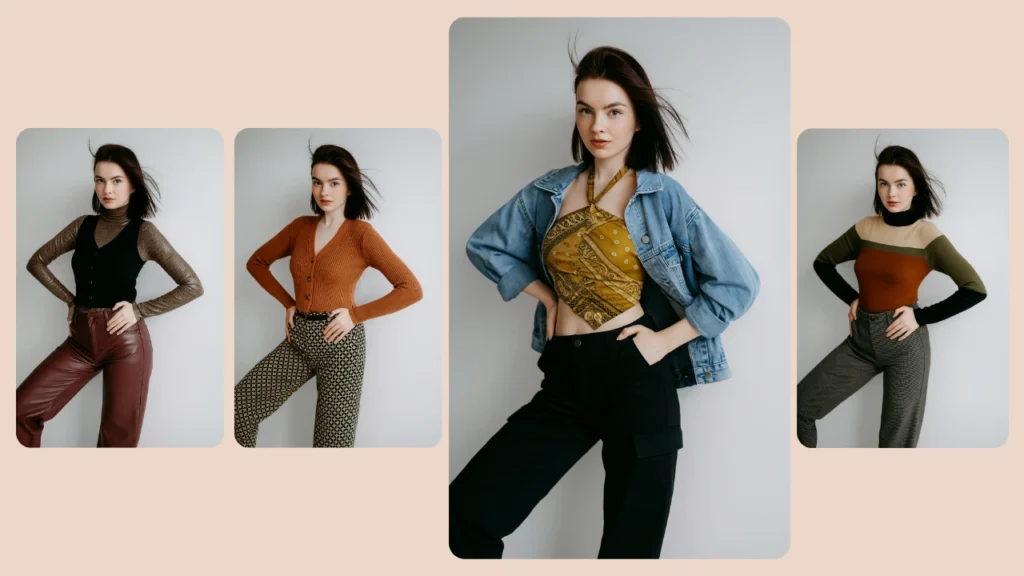 Eine junge Frau posiert in vier stylischen Outfits, von gemusterten Hosen und Strickwaren bis hin zu einer Jeansjacke mit bauchfreiem Top. Die Bilder sind in einem modernen Layout mit sanften, neutralen Tönen angeordnet.