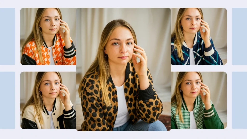 Eine blonde Frau präsentiert fünf Outfit-Varianten mit gemusterten Jacken, neutralen Farben und bunten Drucken. Die Collage betont Mimik und Oberbekleidungsstil in einer hellen Innenumgebung.