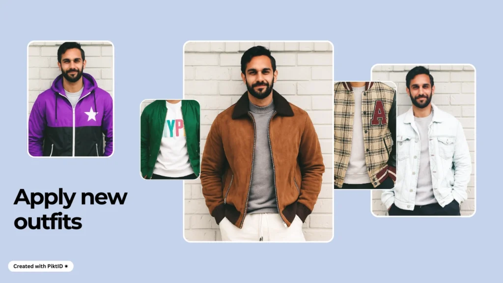 In der Mitte steht ein Mann in einer braunen Jacke, während kleinere Bilder um ihn herum alternative Outfits wie Kapuzenpullover und Bomberjacken zeigen. Das Design ermöglicht virtuelle Outfitwechsel und Fashion-Styling, das mit AI Dress up erstellt wurde.