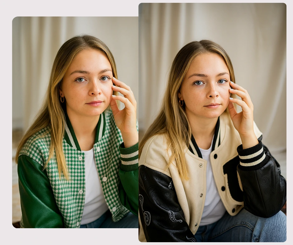 Eine junge blonde Frau posiert in zwei verschiedenen Collegejacken, einer grünen und einer cremefarbenen mit schwarzen Ärmeln. Die nebeneinander angeordneten Fotos verdeutlichen den Vergleich der Outfits und die Vielfalt der Stylings.