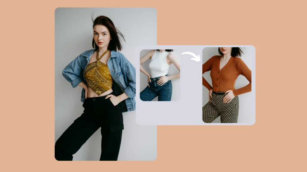 Ein zentrales Bild einer Frau in Jeansjacke und bauchfreiem Top wird mit kleineren Fotos gepaart, die sie in verschiedenen Oberteilen und Hosen zeigen. Das Bild hebt den digitalen Outfitwechsel hervor, wobei ein Pfeil die Garderobenveränderung anzeigt.