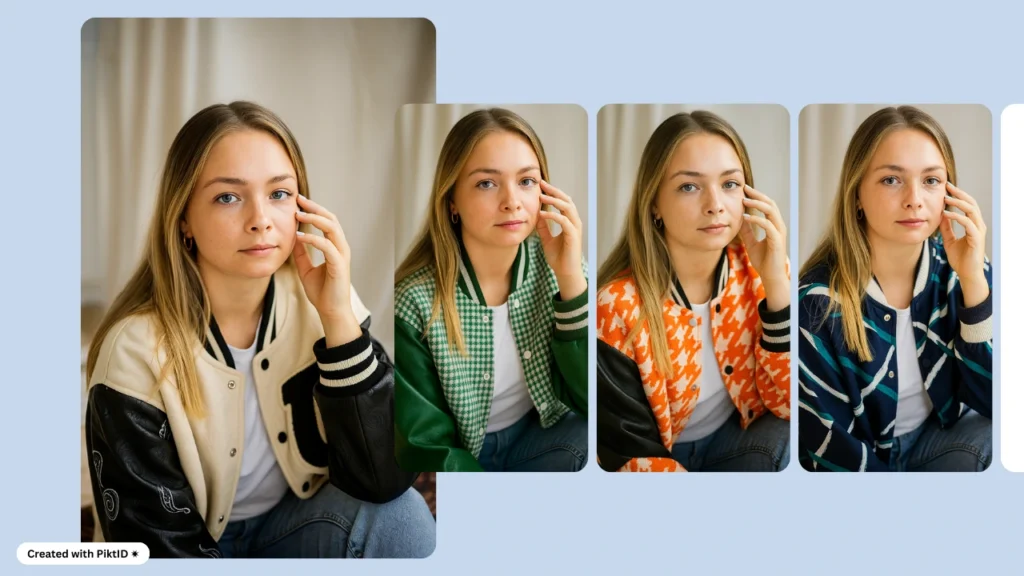 Eine junge blonde Frau sitzt in einem Raum und trägt verschiedene digital generierte Collegejacken. Das Bild zeigt KI-Kleidungsvarianten in Grün-, Orange-, Marine- und Cremetönen.
