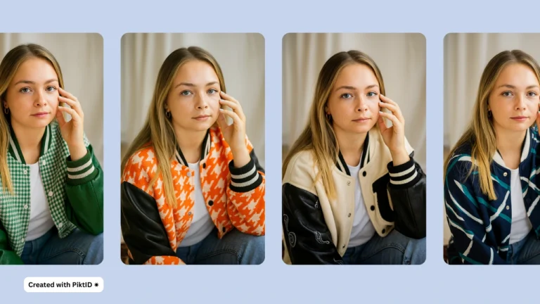 KI-generierte Modecollage, die eine blonde Frau in vier verschiedenen Jackendesigns und Posen zeigt. „Use AI Dress up“ von PiktID in jedem Stil zeigt, wie virtuelle Garderobenwechsel den Look desselben Models verändern können.
