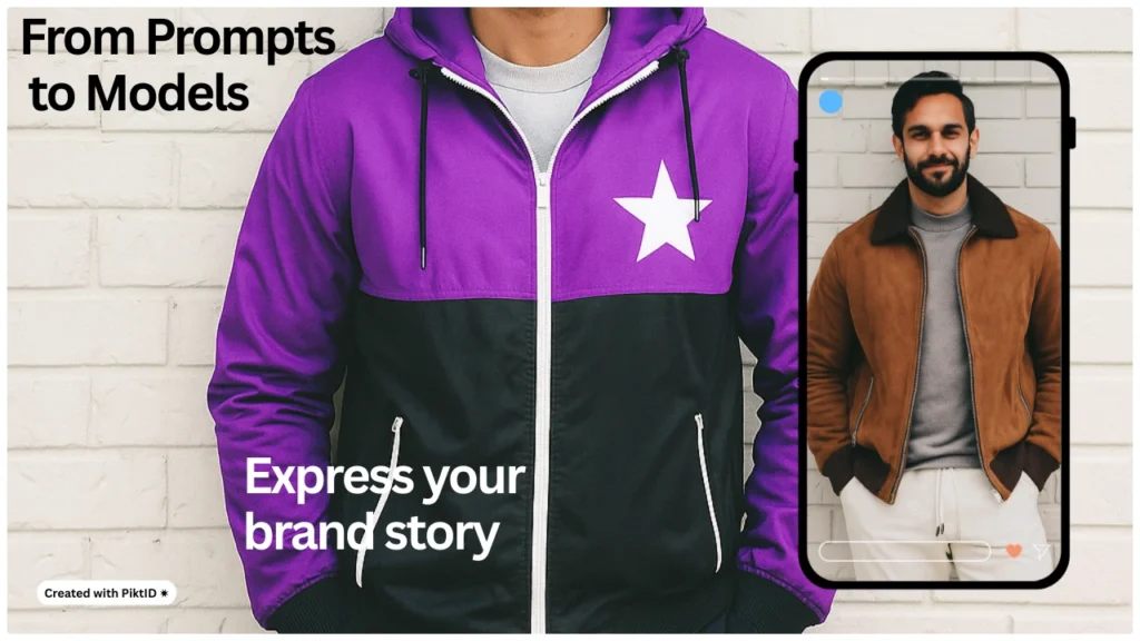 Ein Mann präsentiert einen lila-schwarzen Kapuzenpullover mit Reißverschluss und weißem Sternmotiv. Neben ihm ist ein Telefonmodell zu sehen, das einen anderen Mann in einer braunen Wildlederjacke zeigt. Das Bild wirbt für KI-Modetools, die Eingabeaufforderungen in Outfitmodelle verwandeln.