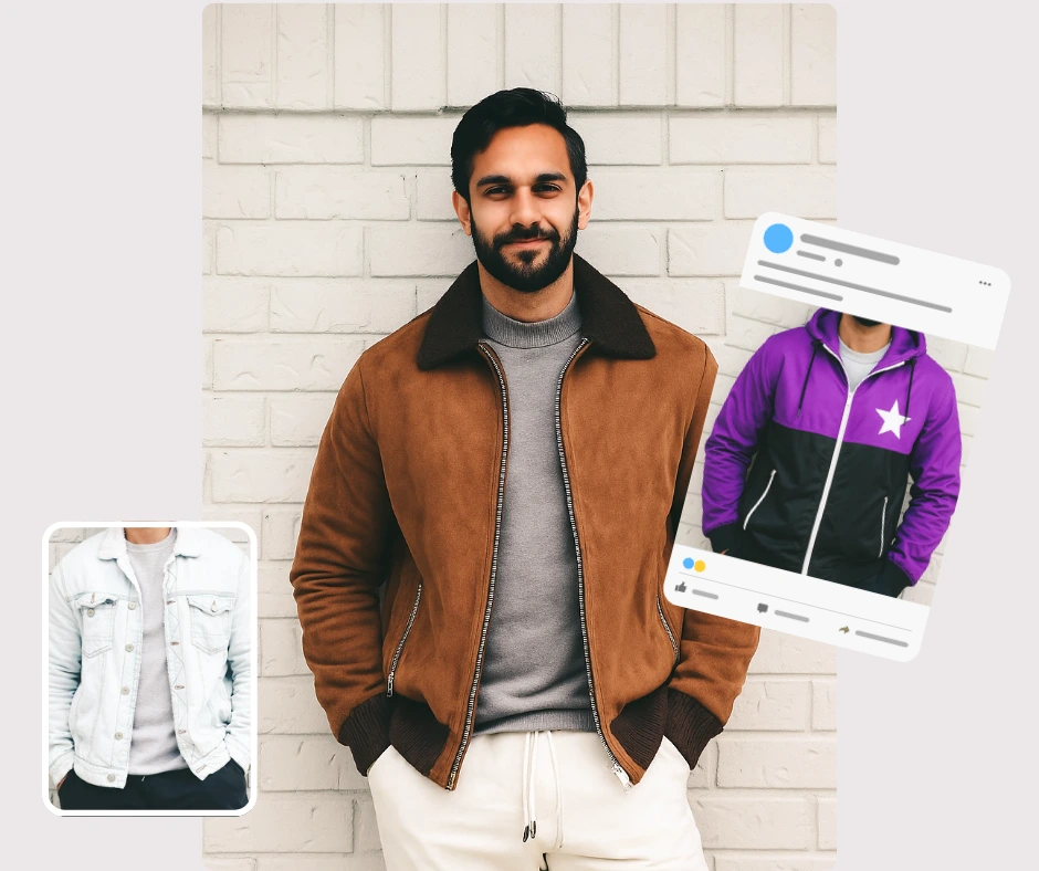 Ein Mann in einer braunen Wildlederjacke steht vor einer weißen Backsteinwand. Kleinere Overlays zeigen verschiedene Jackenstile. Die Komposition betont die Outfit-Transformation und Social-Media-Styling-Vorschauen.