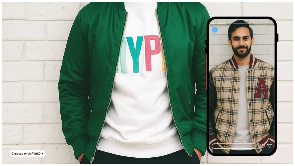 Ein Model trägt eine grüne Bomberjacke und ein Sweatshirt mit Grafik. Neben dem Smartphone-Display ist ein Mann in einer beige karierten Collegejacke zu sehen. Das Bild zeigt KI-Vorschauen für Herrenoberbekleidung.