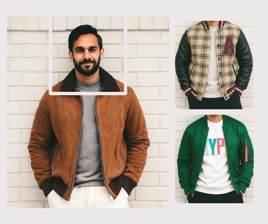 Derselbe Mann ist in der Mitte zu sehen und trägt eine neutrale Jacke, während die umliegenden Bilder andere Jackenoptionen wie karierte und grüne Bomberjacken zeigen. Das Design zeigt die gesichtsbasierte Outfitauswahl und Personalisierung der Kleidung.