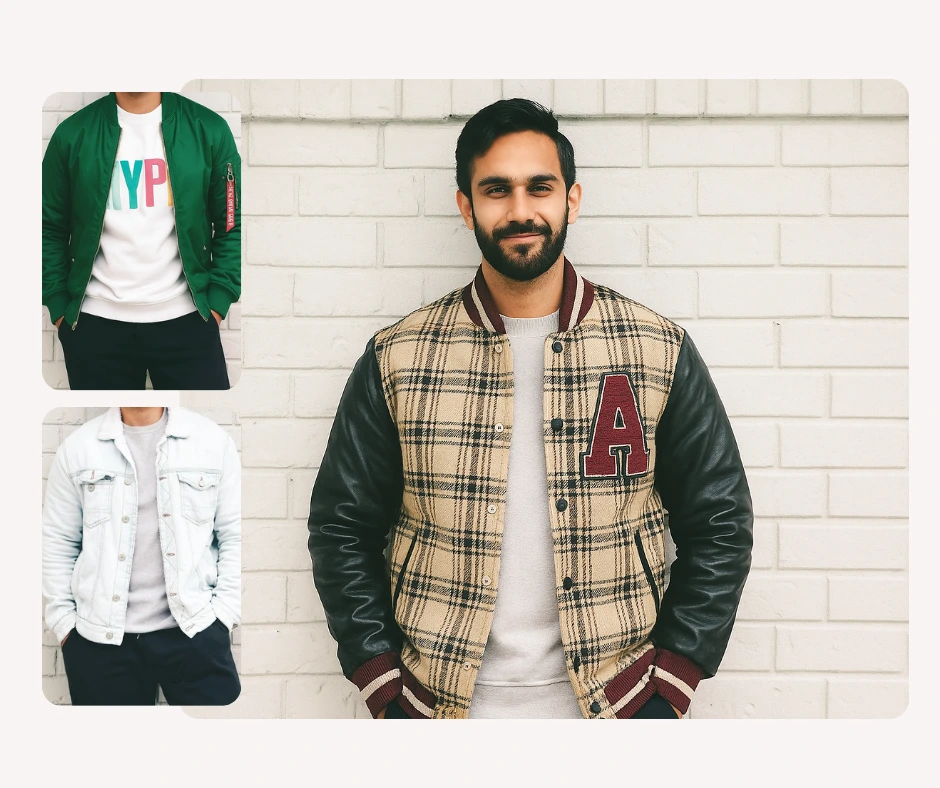Der Mann präsentiert eine karierte Collegejacke mit zwei kleineren Outfit-Vorschaubildern, darunter grüne und helle Jeansjacken. Das Bild zeigt KI-Kleidung und Garderobenvielfalt.
