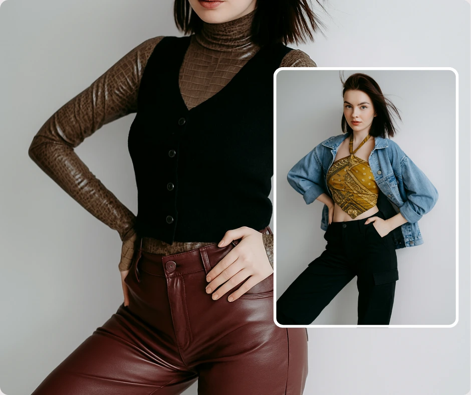Eine Frau mit kurzen dunklen Haaren ist in zwei verschiedenen Outfits zu sehen: einmal mit Lederhose und schwarzer Weste, einmal mit Jeansjacke und bedrucktem Oberteil. Das Bild thematisiert Stilwechsel und Vielseitigkeit der Kleidung.