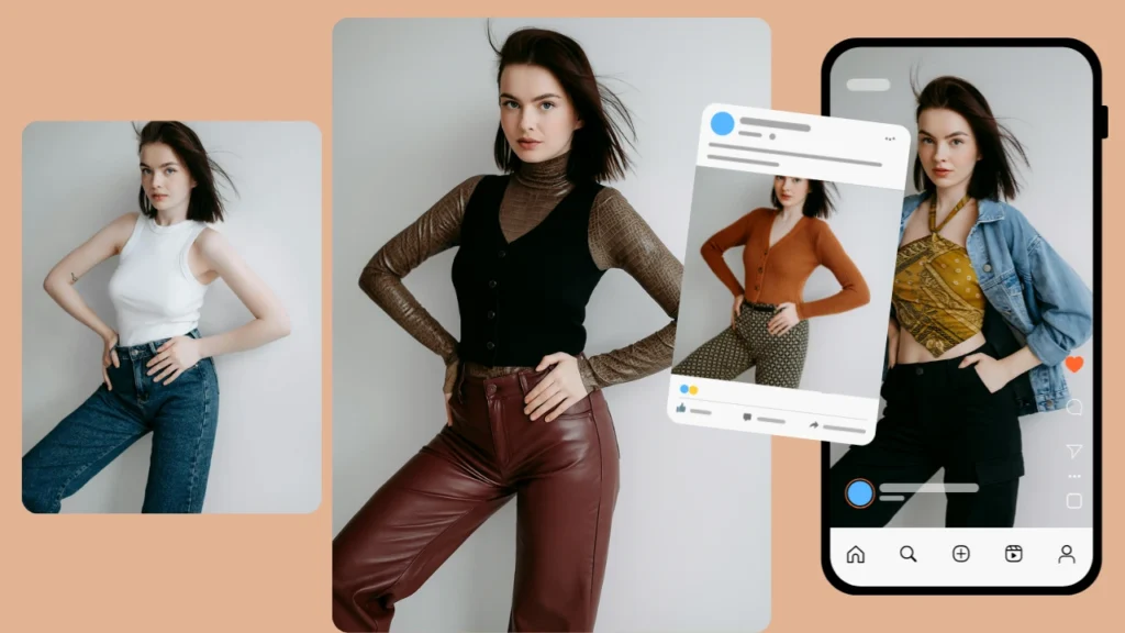 Eine brünette Frau posiert in verschiedenen KI-generierten Outfits auf Instagram- und Facebook-Modellen. Die Grafiken zeigen virtuelles Mode-Styling für die Erstellung von Social-Media-Inhalten.