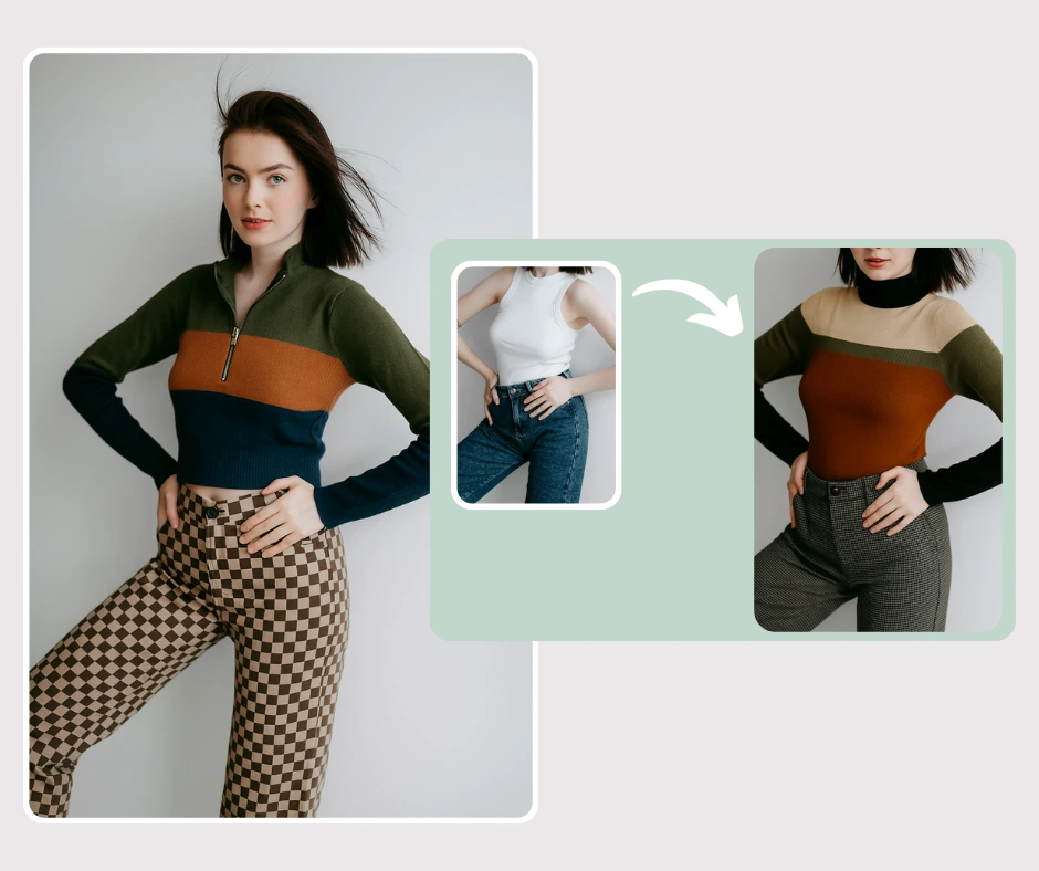 Die Frau erscheint in karierten Hosen und einem Colorblock-Pullover mit Reißverschluss neben einem Transformationspanel, das ihr alternative Oberteile und Hosen verleiht. Es stellt visuell virtuelle Outfit-Anproben und anpassbare Looks dar.