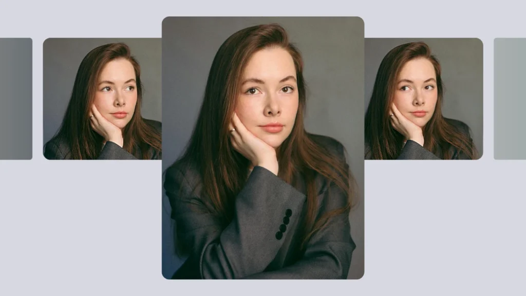 A young woman in a grey blazer rests her face on her hand while showing different subtle facial expressions. The layout features multiple cropped versions of the same portrait arranged side by side on a soft grey background.