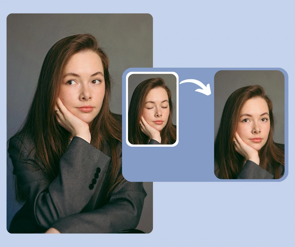 A young woman in a gray blazer rests her face on her hand while looking off to the side. A smaller inset shows an edited version of her gaze shifted forward, highlighting AI eye contact correction.
