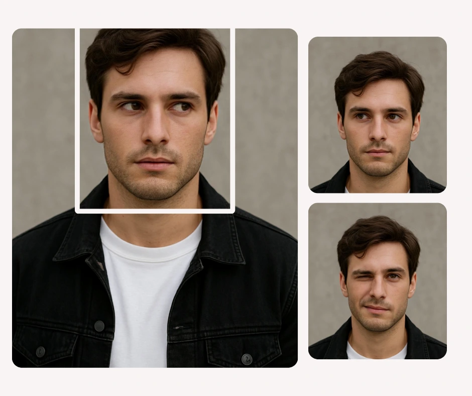 A man with dark hair wearing a black jacket is shown in multiple poses with different facial expressions. The layout highlights how his eye direction changes across the edited portraits.