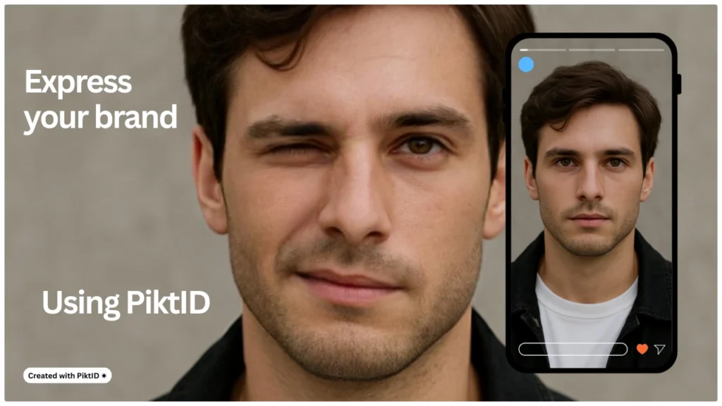 A man poses for the camera with one eye closed in the main photo, while a smartphone mockup shows his neutral expression. The text “Express your brand using PiktID” appears alongside the portrait on a soft background.