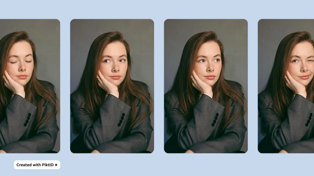 A woman in a grey blazer is shown in four side-by-side poses with varying eye gestures, from eyes closed to a playful wink using AI eye contact. The light blue background enhances the focus on her changing facial expressions.