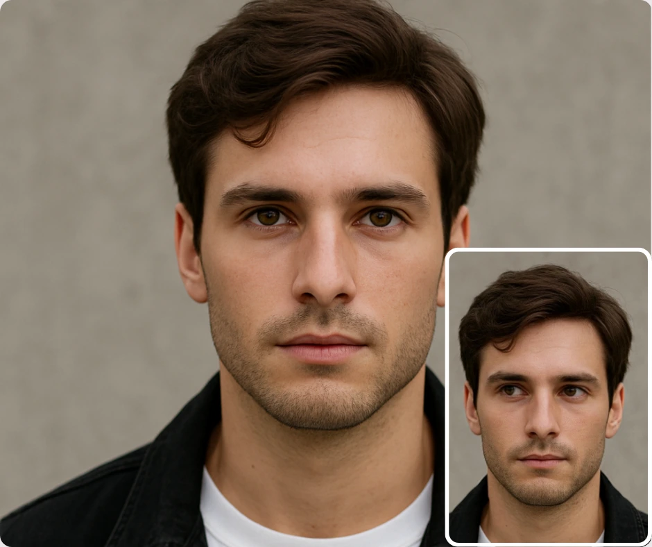 A close-up portrait of a man in a black jacket against a neutral background with an inset image showing him looking slightly away. The images emphasize realistic eye contact adjustments.