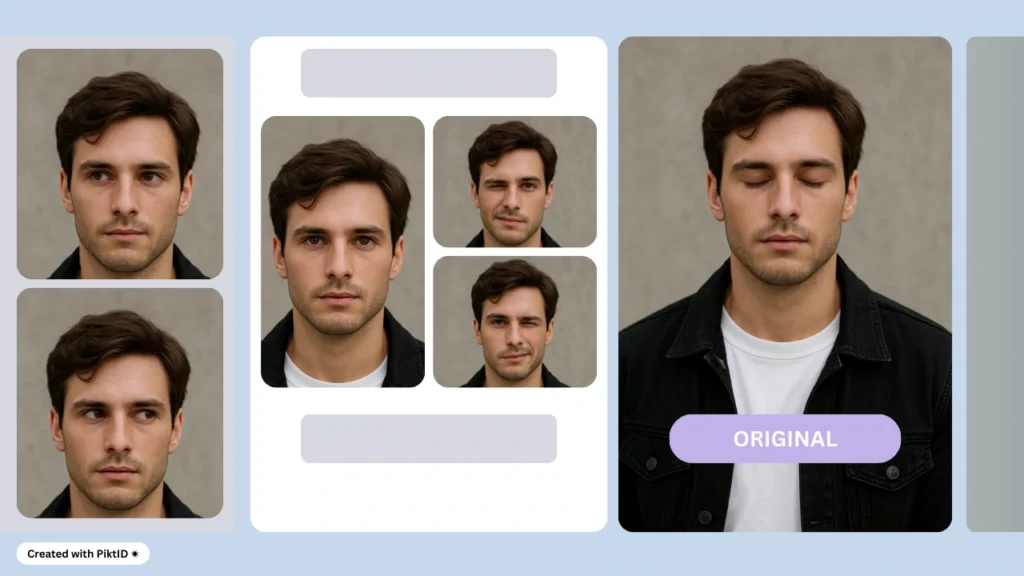 A man in a black jacket is shown in several portrait poses with various facial expressions, including eyes closed and winking. The layout highlights both his original image and alternate expressions on a soft blue backdrop.