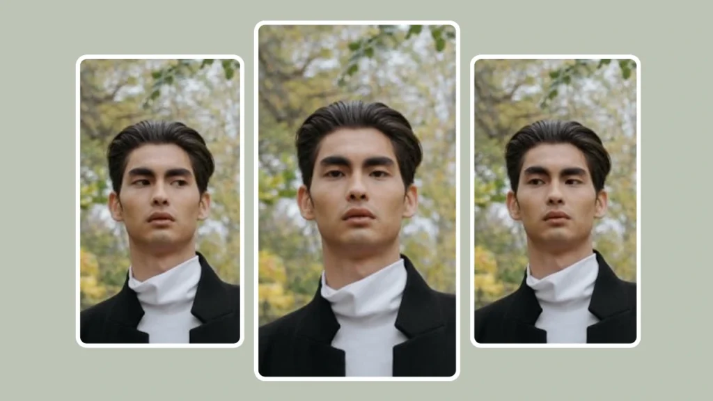 A man with dark slicked-back hair wearing a black coat and white turtleneck is shown in three side-by-side portraits against a blurred background of autumn trees. The images emphasize his facial expression and neutral gaze.