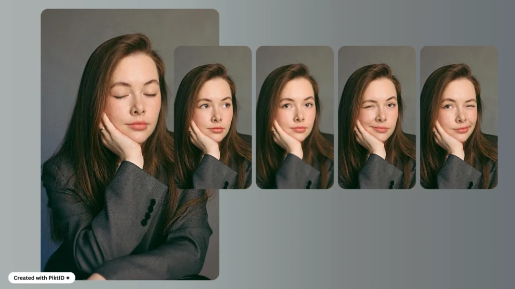 A young woman with long brown hair in a gray blazer is displayed in a row of five poses, each showing a different eye expression from closed to winking. The consistent background and framing highlight subtle facial changes.