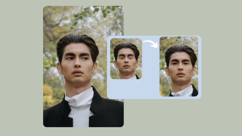 A portrait of a man with slicked-back hair wearing a white turtleneck and black coat shows a transition from closed eyes to open eyes in a side-by-side layout with an arrow graphic. The background features soft autumn foliage.