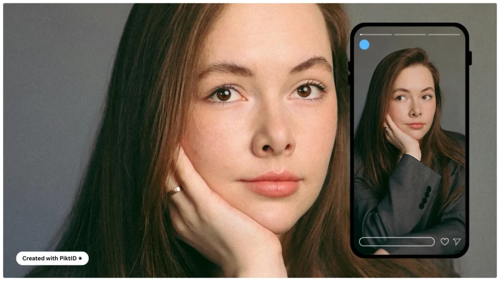 A close-up of a woman resting her head on her hand appears beside a mock smartphone screen displaying the same portrait. The composition mimics a social story or post layout with a smooth grey backdrop.