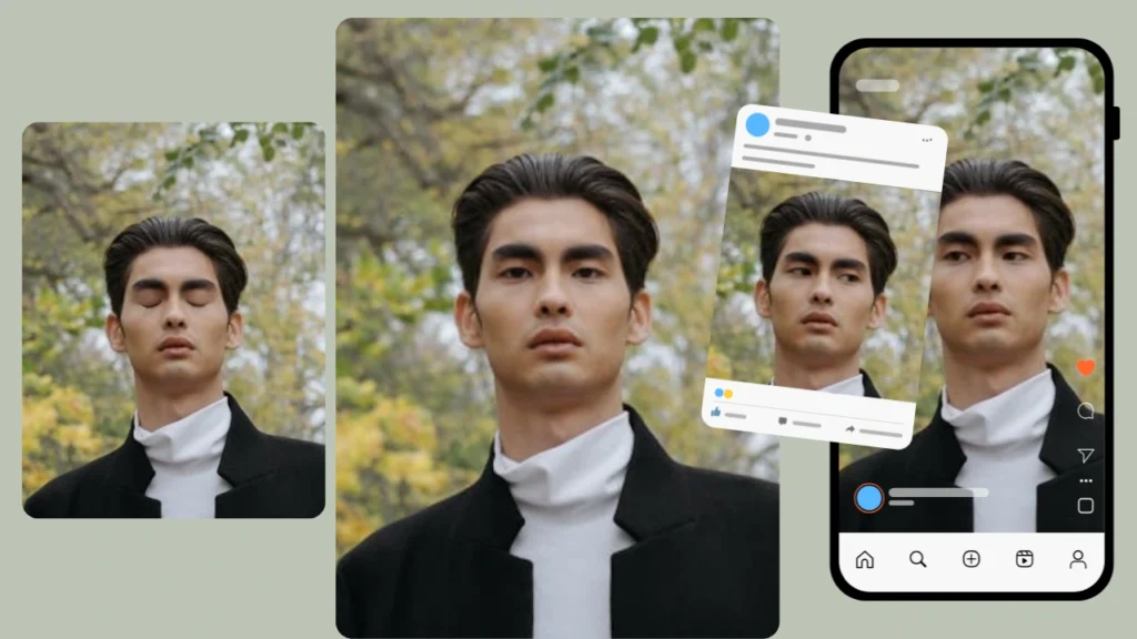 Multiple shots of a man standing outdoors in a white turtleneck and black coat are combined with graphic social media elements, including a smartphone frame and floating post previews. His expressions vary from eyes closed to direct gaze.