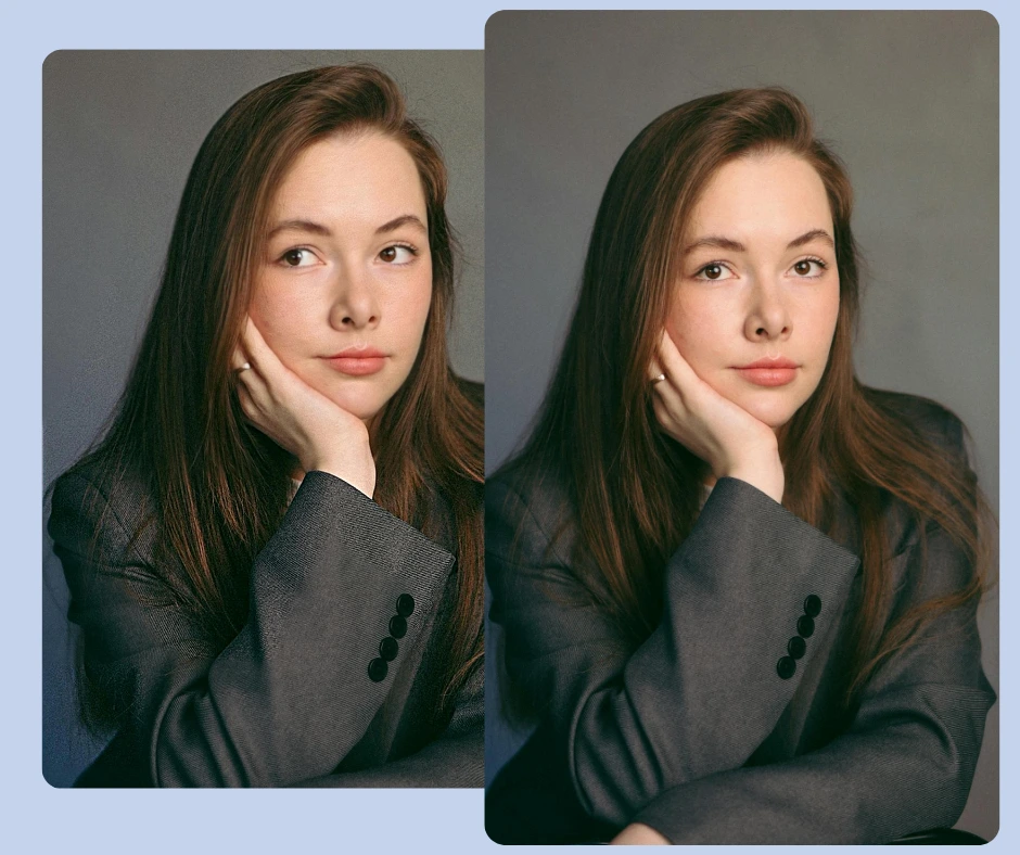A woman with long brown hair wearing a gray blazer poses with her hand on her face. Two side-by-side photos show subtle differences in her gaze direction and facial expression.