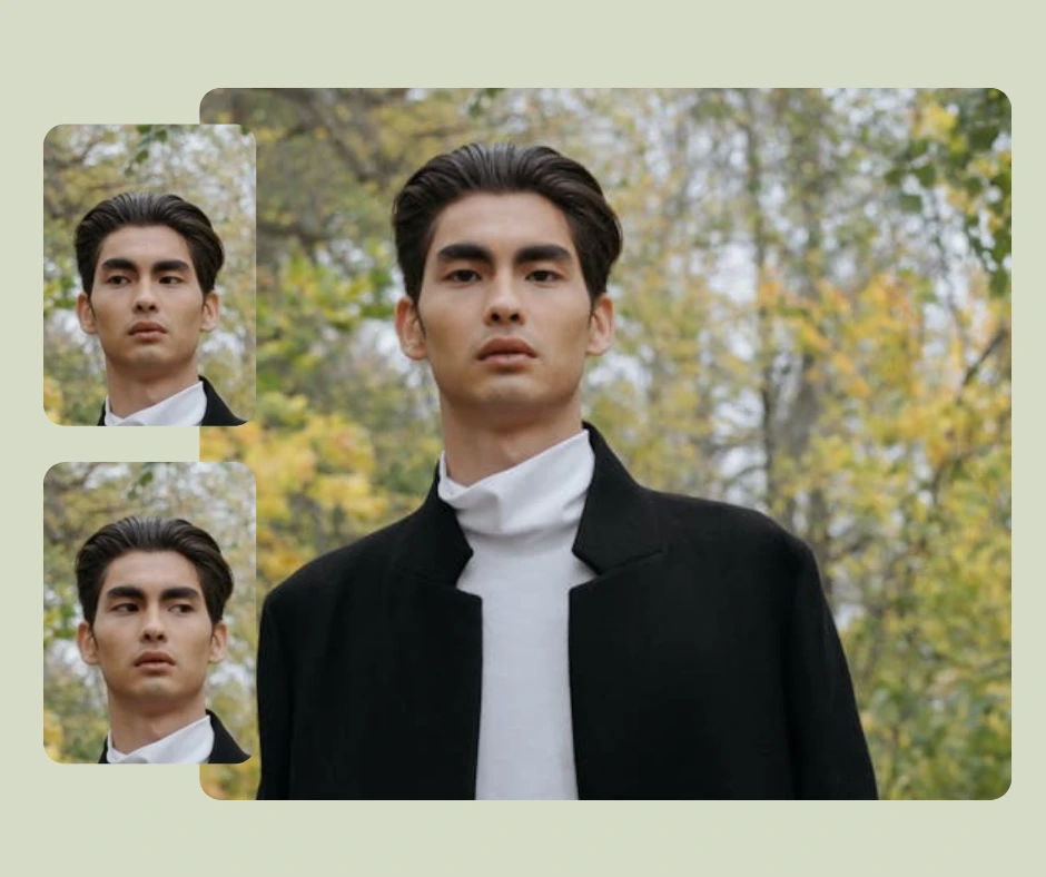 A young man in a black coat stands outdoors with fall foliage in the background. Two smaller portraits display alternate head angles and gaze directions for comparison.