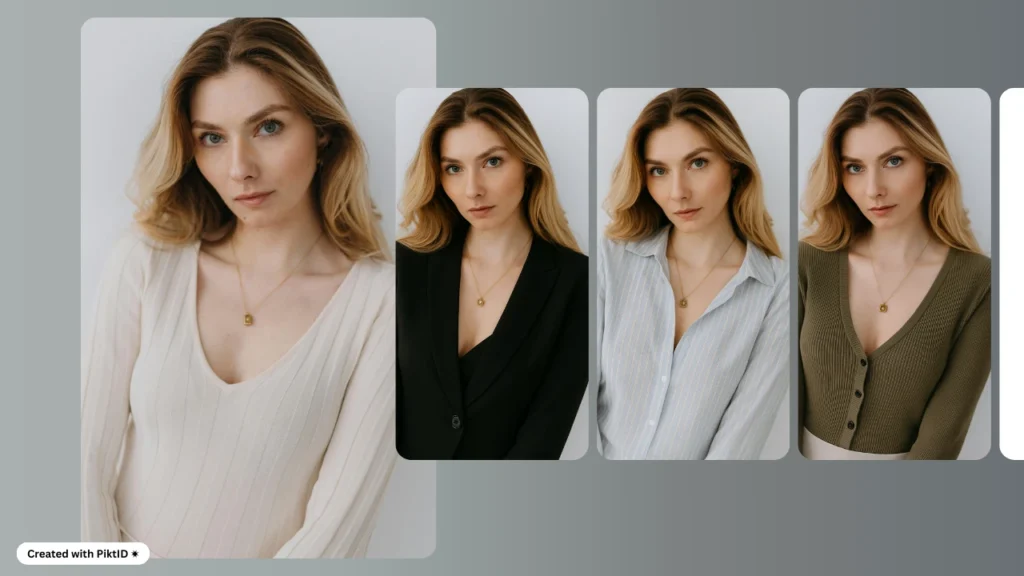 KI-Lookbook-Modell mit vier realistischen digitalen Models, jedes in einzigartigen modernen Outfits gestylt, wodurch die virtuelle Modevielfalt und Styling-Optionen hervorgehoben werden.