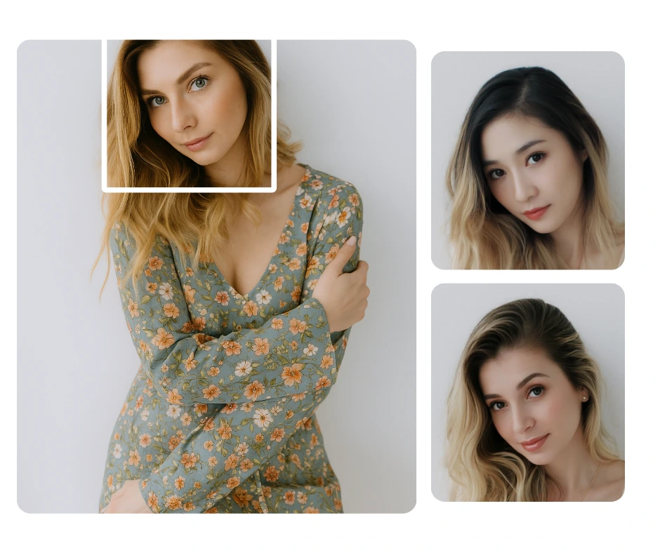 Die KI von PiktID zeigt die Gesichtstransformation eines Models in verschiedene Ethnien unter Beibehaltung der gleichen Pose. Die KI von PiktID demonstriert die Vielfalt im digitalen Fashion-Modeling.