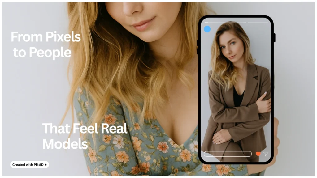 KI-Kunstwerk „Von Pixeln zu Menschen“, das die Umwandlung digitaler Pixel in realistische Fashion-Lookbook-Modelle zur virtuellen Styling-Inspiration zeigt.