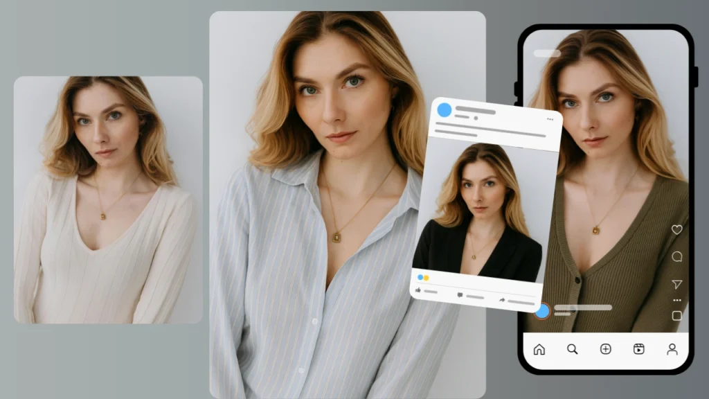 PiktID hat eine junge Frau mithilfe eines digitalen Outfit-Wechslers erstellt, der mit einer Instagram-Fotovorgabe gestaltet wurde, ideal für Modeinspirationen in sozialen Medien.