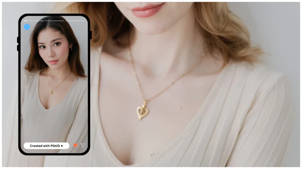 KI-Lookbook-Modell, gestaltet mit einer iPhone-Fotografievorgabe, das einen digitalen Outfit-Wechsler mit warmen Tönen für die Präsentation von Lifestyle-Mode verbessert.