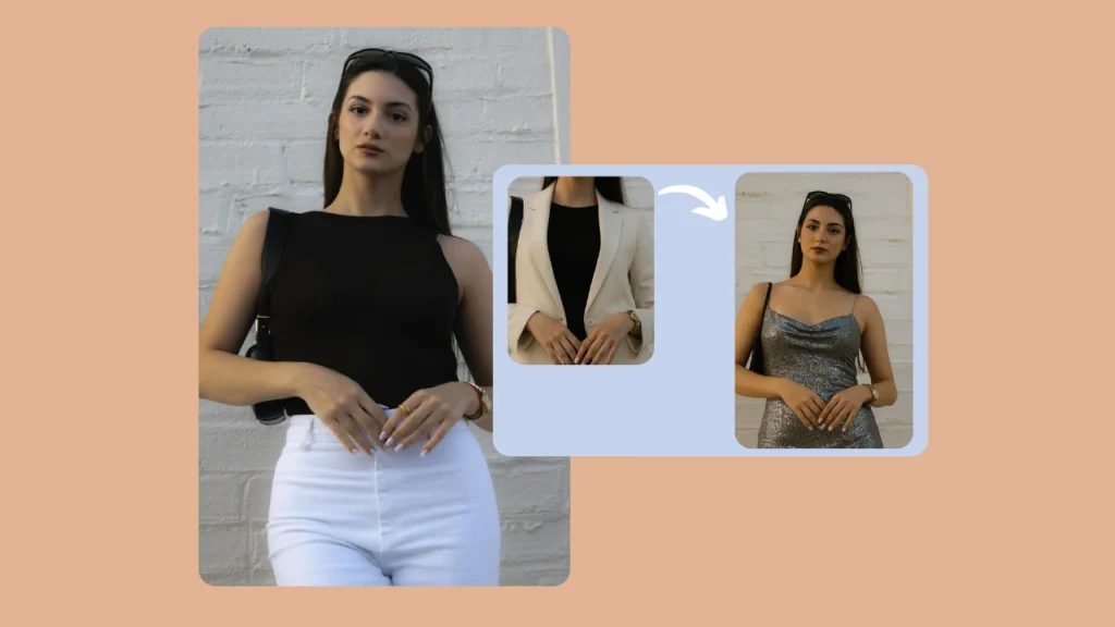 KI-Look-Enhancer zeigt die Outfit-Verwandlung einer Frau mit PiktID – vom lässigen schwarzen Top mit weißen Jeans zum silbernen Abendkleid. Digitales Fashion-Styling demonstriert, wie PiktID das Aussehen im Handumdrehen verändern kann.