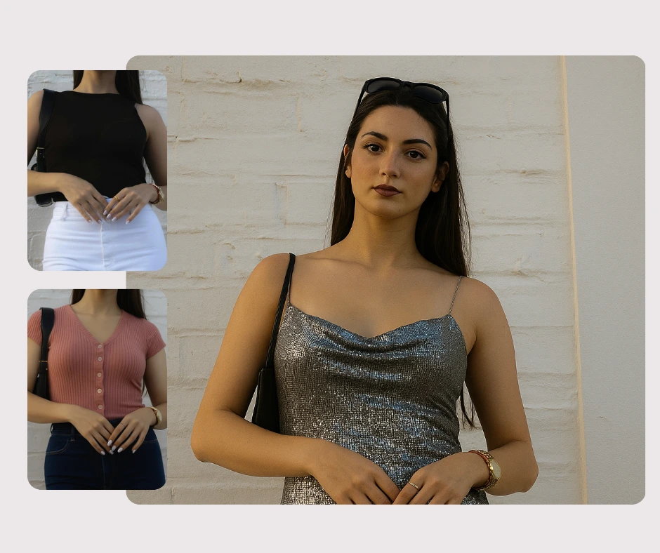 KI-Outfit-Wechsler mit PiktID, der ein Model in verschiedenen Oberteilen und einem glamourösen silbernen Kleid zeigt. Das KI-Styling-Tool ermöglicht Marken die Vorschau von Outfit-Varianten ohne physische Fotoshootings.