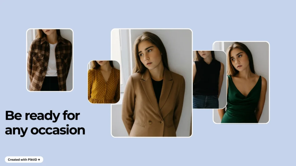 A young woman showcases five different outfits including casual, formal, and party wear using an AI outfit changer called PiktID. The collage highlights versatility in fashion styles from a blazer to a green evening dress.