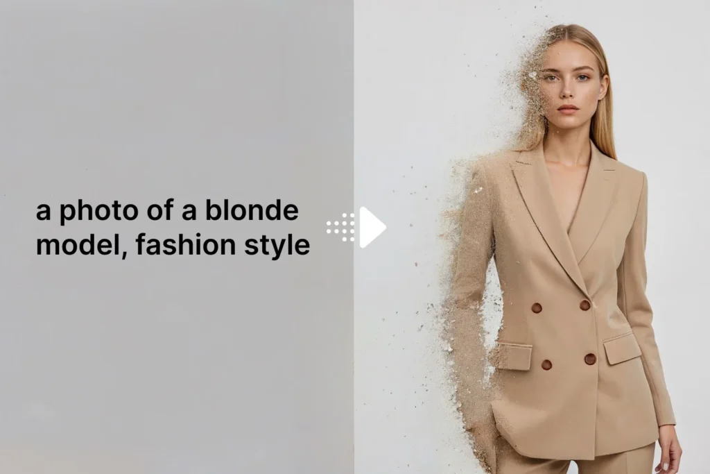 Une femme porte une veste de tailleur beige et une chemise blanche. La photo est en noir et blanc, avec un arrière-plan flou. La femme se tient devant un mur blanc. La photo est intitulée « Photo d'un mannequin blond, style mode ». Exemple de logiciel PiktID pour générer des images à partir d'une invite.